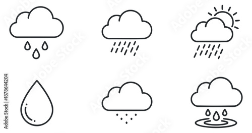 A collection of weather icons featuring clouds, rain drops, and sun in minimalist outline vector style, suitable for weather apps and designs