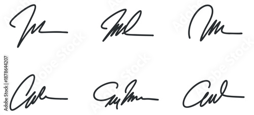 A collection of six unique handwritten signatures in black vector style, suitable for branding and identity design