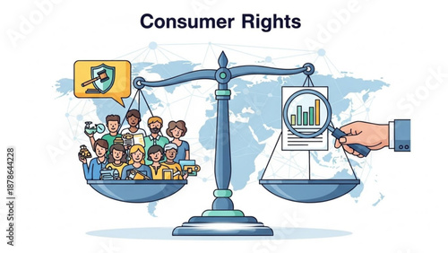 Consumer rights concept with people on one side and a magnifying glass examining a bar graph on the other side of a balance scale