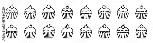 Set of 16  cupcake dessert outline food icons related. Editable stroke icons collection