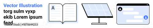 Education, renewable energy, communication, technology, sustainability, digital tools. Open book, solar panel chat interface elements in vector style layout. Education and renewable energy concept