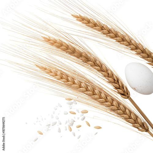 Wheat Stalks, an Egg and Rice Grains Arranged on a Plain Background for a Foo...