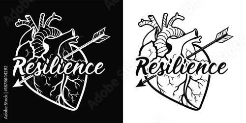 Anatomical heart pierced by an arrow symbolizes the enduring power of resilience shown in dual black and white graphic designs