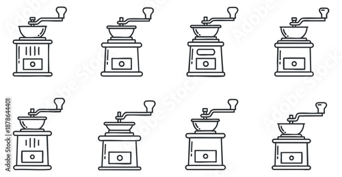 A collection of eight coffee grinders in outline black and white vector style, perfect for coffee-related designs and branding