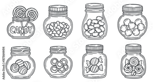 A collection of candy jars with various sweets including lollipops and candies in black and white outline vector style, perfect for confectionery branding and packaging