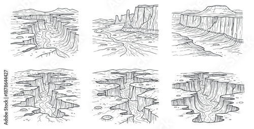 A collection of hand-drawn canyon and landscape illustrations in black and white line art style, suitable for book covers or educational materials
