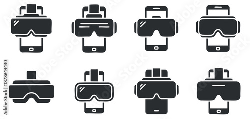 A set of virtual reality headsets and goggles in black and white outline vector style, ideal for technology and gaming projects