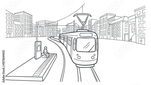A tram on a curved railway track in an outline vector style, featuring urban buildings and a waiting passenger, suitable for transportation-themed projects