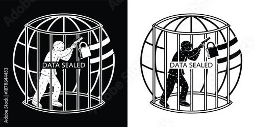 Graphic concept illustrating the concept of data being securely locked away inside a global prison structure using contrasting styles