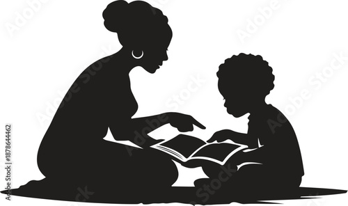 Black History Month Mother Teaching Child Reading Book Silhouette Vector Illustration