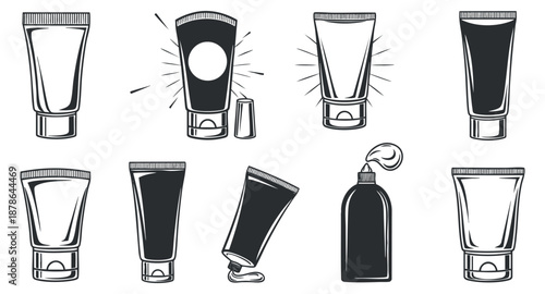 A collection of various cosmetic and skincare tube designs in black and white outline vector style, suitable for beauty branding or packaging