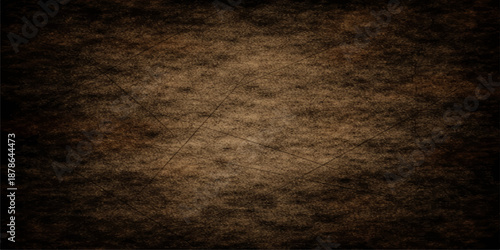 A dark vintage grunge background with aged brown paper texture and rough wood pattern on a blank weathered surface creates a dirty antique canvas backdrop with ample copy space for design