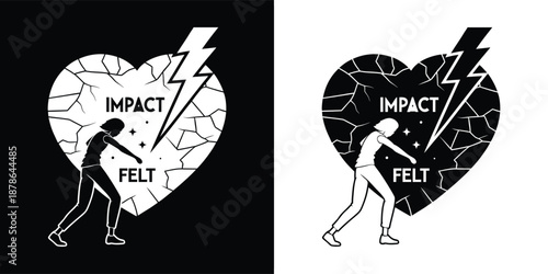 Graphic representation of a powerful female figure striking a cracked heart symbolizing emotional impact and resilience against adversity