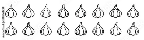 Set of 16  garlic bulb outline food icons related. Editable stroke icons collection