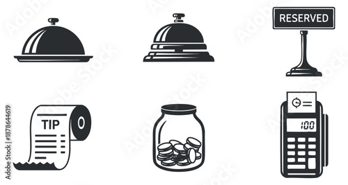 A collection of restaurant service icons including a cloche, tip receipt, coin jar, and payment terminal in minimalist black and white vector style, ideal for hospitality branding and design