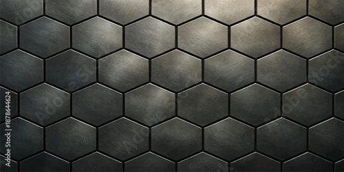 Seamless 3d geometric hexagon honeycomb pattern in black leather texture with a metallic mesh grid and light gray technology design for a vector wallpaper backdrop