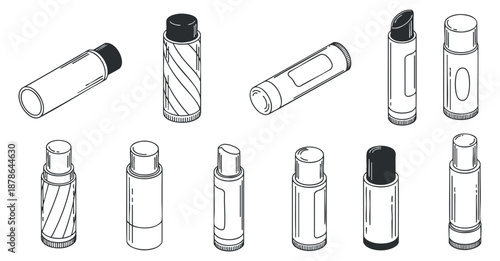 A collection of cosmetic tubes and roll-on bottles in black and white outline vector style, ideal for product packaging design