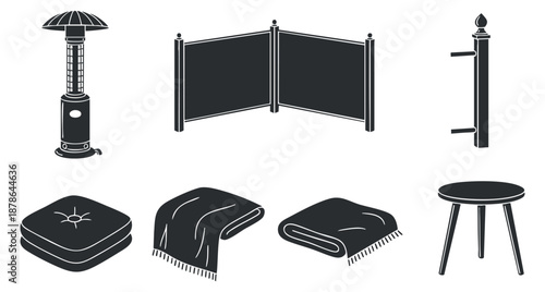 A collection of outdoor comfort items including a patio heater, blankets, and a folding screen in black and white vector style, perfect for outdoor living designs