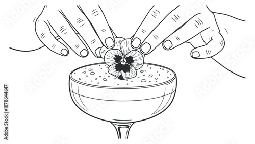 A pair of hands garnishing a cocktail with a flower in minimalist black and white vector style, ideal for bar menus and mixology branding