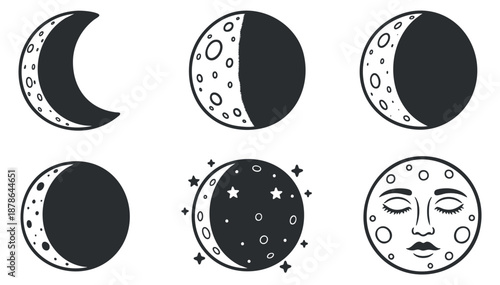 A collection of moon phases including crescent, half, and full moon in black and white vector style, perfect for astrology and celestial themes