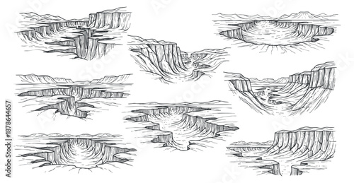 A collection of hand-drawn canyon landscapes in black and white sketch style, suitable for environmental illustrations or educational materials
