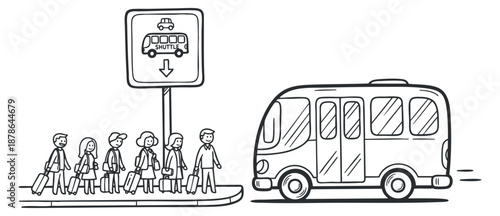 A group of passengers waiting at a bus stop for a shuttle in black and white minimalist vector style, suitable for transportation graphics