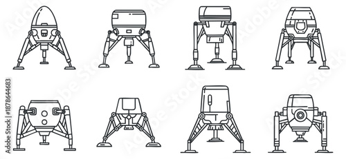 A collection of eight futuristic robot spacecraft designs in clean outline vector style, ideal for technology and sci-fi projects