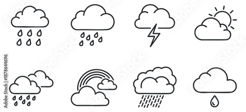 A collection of weather icons including clouds with rain, sun, lightning, and rainbow in minimalist outline vector style, ideal for weather apps and designs