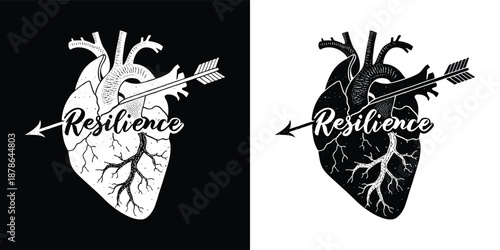 Stylized anatomical heart pierced by an arrow featuring the word resilience presented in two contrasting color schemes