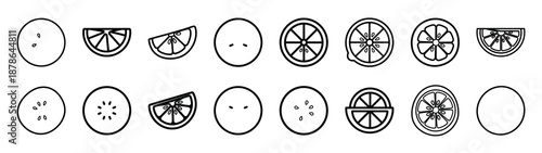 Set of 16  lemon slice outline food icons related. Editable stroke icons collection