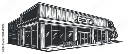 A grocery store building with large windows and shopping carts in black and white vector style, suitable for retail and business illustrations