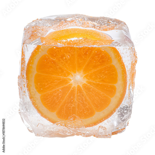 Orange Slice Frozen in Clear Ice Cube on White Background for Drink Recipes a...