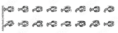 Set of 16  lobster seafood outline food icons related. Editable stroke icons collection
