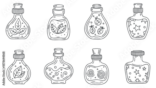 A collection of eight vintage-style potion bottles with whimsical designs in black outline vector style, ideal for magical or herbal-themed projects