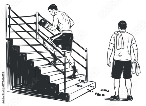 A male athlete training on stairs while another stands nearby in minimalist black and white vector style, suitable for fitness branding and motivational materials