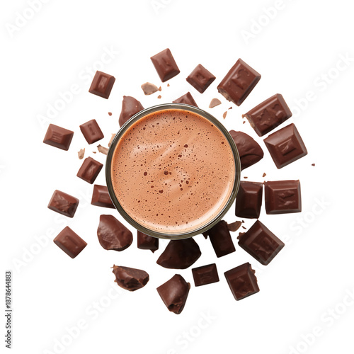 Hot Chocolate Served in a Glass Surrounded by Chocolate Pieces and Cocoa