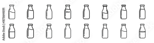 Set of 16  milk bottle outline food icons related. Editable stroke icons collection