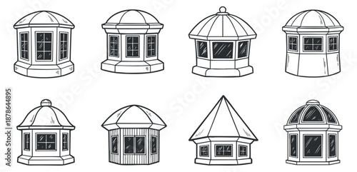 A collection of eight gazebo designs in black and white sketch style, perfect for landscaping and architecture projects