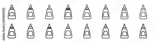 Set of 16  mustard bottle outline food icons related. Editable stroke icons collection