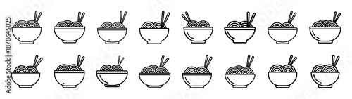 Set of 16  noodle bowl outline food icons related. Editable stroke icons collection