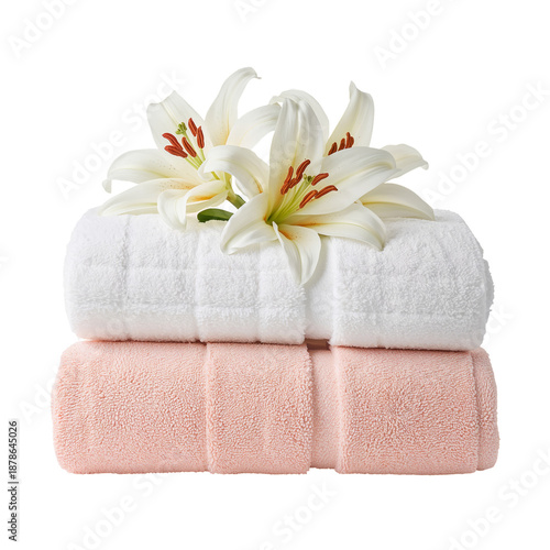 Soft Towels Stacked With White Lilies on Top in a Simple Setting at Home