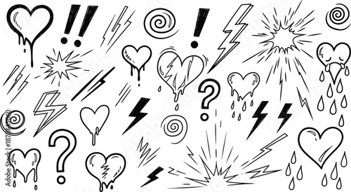 Emotive Black-and-White Doodle Collection Featuring Melting Hearts, Lightning Bolts, Spirals, and Symbols of Heartbreak, Chaos, and Intensity