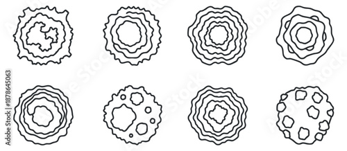A set of six abstract wave patterns with varying circular designs in minimalist line art style, perfect for modern graphic projects
