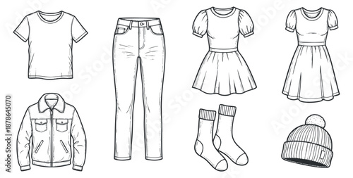A collection of clothing items including t-shirts, jeans, dresses, socks, and a beanie in outline vector style, ideal for fashion design and apparel branding