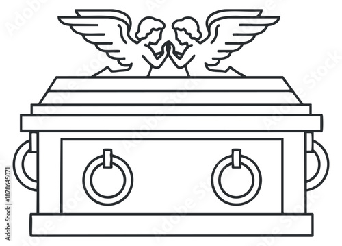 A decorative casket with angel wings and hands clasped in outline vector style, suitable for memorial design and funerary art