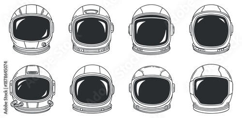 A collection of astronaut helmets in black and white outline vector style, ideal for space-themed designs and projects
