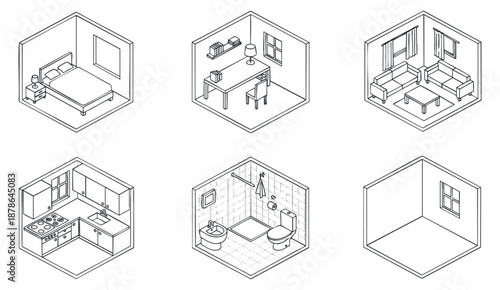A collection of hexagonal room layouts featuring a bedroom, living room, kitchen, bathroom, and workspace in minimalist outline vector style, ideal for architectural design projects