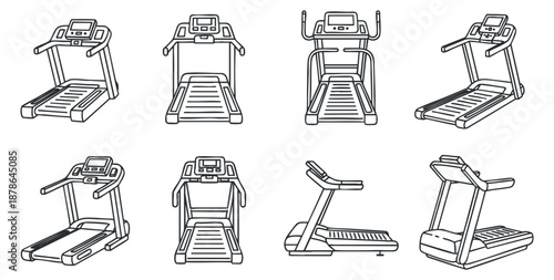 A collection of eight treadmill illustrations in clean outline vector style, suitable for fitness and health-related projects