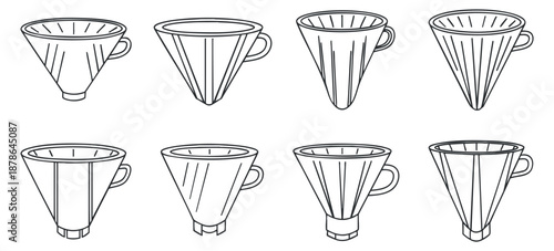 A set of eight coffee brewing cups in minimalist outline vector style, ideal for cafe branding and kitchen designs