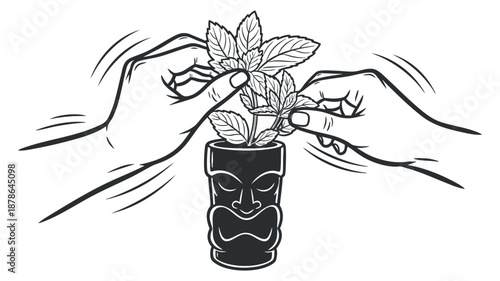 A pair of hands arranging fresh mint leaves in a tiki glass in a black and white outline vector style, ideal for cocktail menus and bar branding